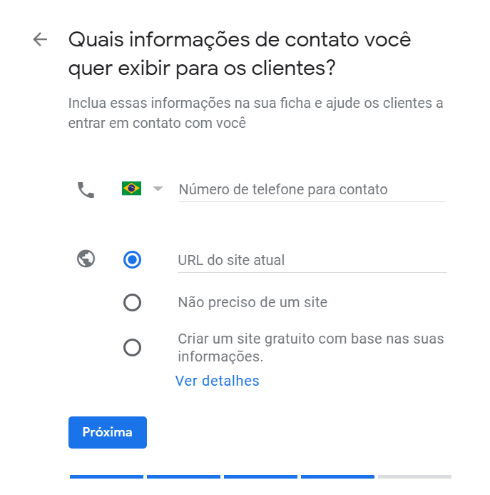 Cadastro no Google Meu Negócio - "Insira os dados de contato"